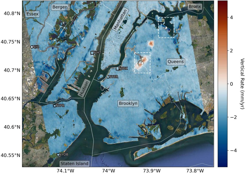 Mapping vertical land motion across the New York City area, researchers found the land sinking (indicated in blue) by about 0.06 inches (1.6 millimeters) per year on average. They also detected modest uplift (shown in red) in Queens and Brooklyn. White dotted lines indicate county/borough borders. Credit: NASA/JPL-Caltech/Rutgers University