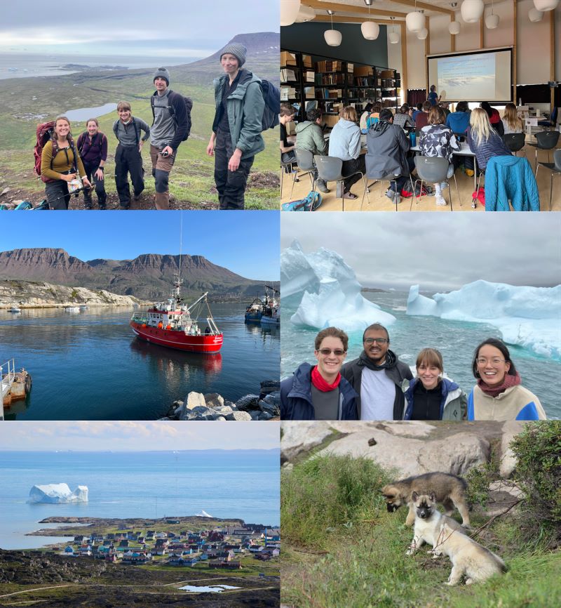 Some sights and new friends from my time studying in Ilulissat & Qeqertarsuaq, Kalaallit Nunaat. (Top) Fellow students and I (rightmost in photo) used a bit of free time to hike up to what remains of Lyngmark glacier. (Bottom) Incomprehensibly large icebergs at different stages in their transit from Sermeq Kujalleq, a marine-terminating glacier responsible for ~10% of the Kalaallit Nunaat ice sheet’s calving.