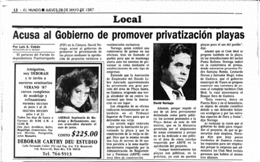 Newspaper article titled: “Government accused of promoting beach privatization” (May 28th, 1987) by Luis Cabán