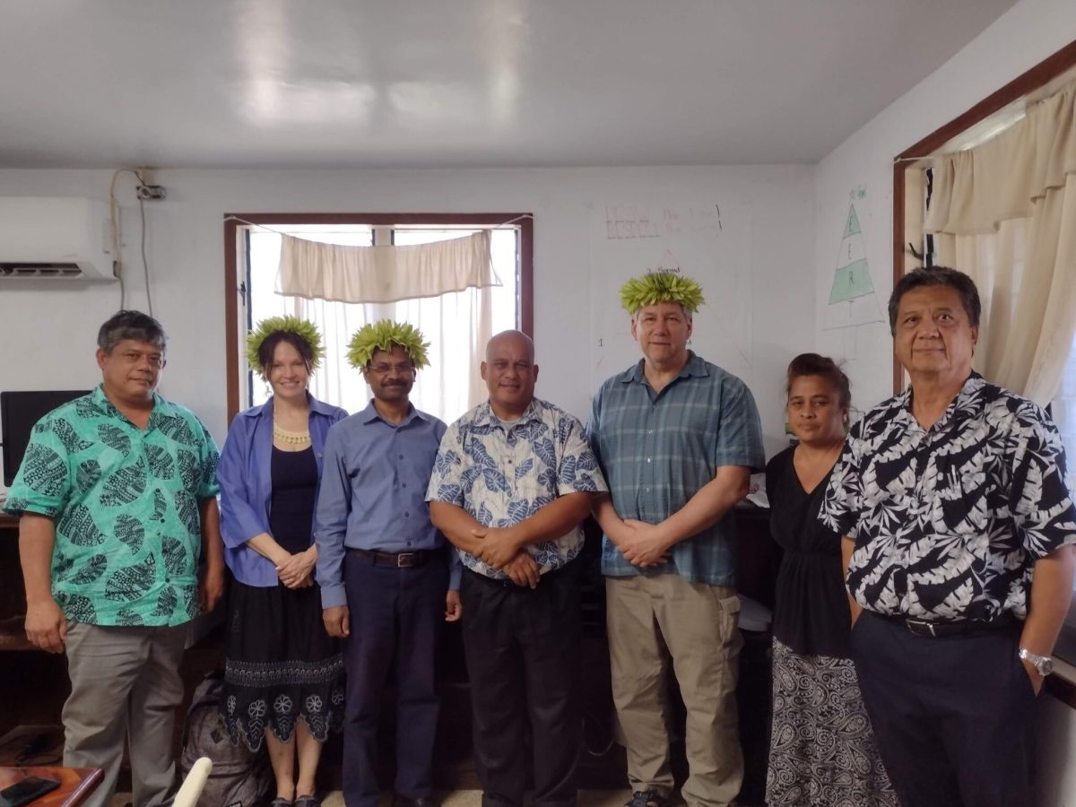 Gov. Stevenson A. Joseph, Pohnpei State, Micronesia (center) pictured with Rutgers delegates Dena Seidel (2nd from left), Ramu Govindasamy (3rd from left) and James Simon (3rd from right) during a January 2024 visit to Micronesia.