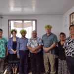 Gov. Stevenson A. Joseph, Pohnpei State, Micronesia (center) pictured with Rutgers delegates Dena Seidel (2nd from left), Ramu Govindasamy (3rd from left) and James Simon (3rd from right) during a January 2024 visit to Micronesia.