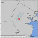Map of Northern New Jersey marked with a red star at the epicenter of the 4.8 April 5, 2024 earthquake and blue dots in every location that has since reported an aftershock