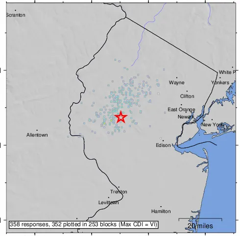 Map of Northern New Jersey marked with a red star at the epicenter of the 4.8 April 5, 2024 earthquake and blue dots in every location that has since reported an aftershock
