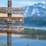 Wooden sign that reads "Path to Decarbonization." In the background and out of focus is a lake and a snowy mountain.
