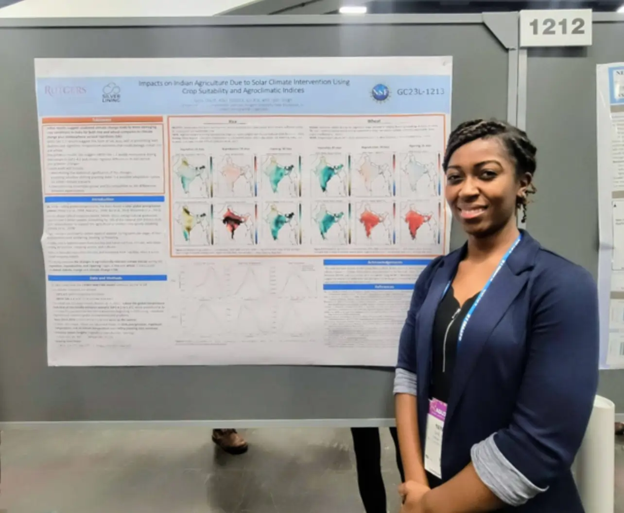 Nina Grant presenting her research poster on the impacts on Indian agriculture due to solar climate intervention at AGU23. 