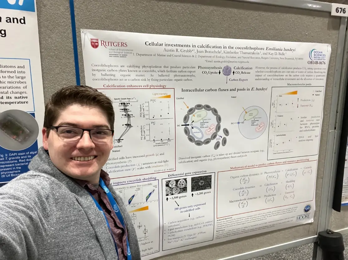 Graduate Student Austin Grubb with his poster, “ Cellular investments in calcification in the coccolithophore Emiliania huxleyi” at the 2024 Ocean Sciences Meeting in New Orleans, LA. 