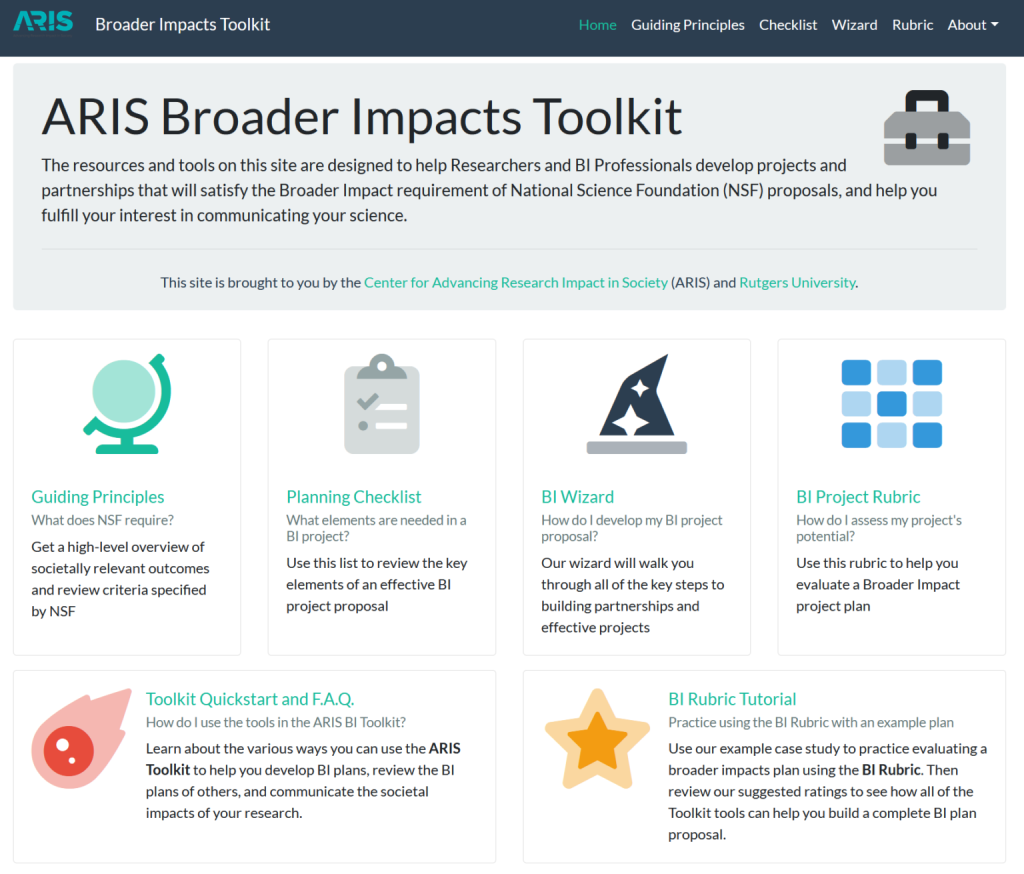 Homepage of the ARIS BI Toolkit. Here, researchers can access tools to guide them as they craft their BI proposals.