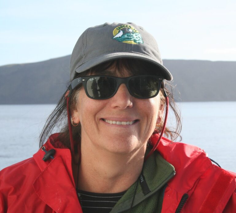 Liz Sikes on board the RV Thomas Thompson in 2018 during the CROCCA-2s voyage to the Southern Indian Ocean. Ile Amsterdam, in the background, is one of the most remote islands in the Southern Ocean.