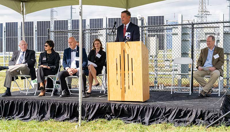 David Specca, Rutgers Agrivoltaic Program Lead, describes the scope of the research and demonstration project at a ribbon cutting ceremony Monday, Sept. 30. Joining him from left are: State Sen. Bob Smith, Rutgers Senior Vice Provost for Research Denise Hien, N.J. Secretary of Agriculture Ed Wengryn, U.S. Department of Energy Solar Energy Technologies Office Director Becca Jones-Albertus, and A.J. Both, a Professor and Extension Specialist in the Department of Environmental Sciences. Other speakers included: Laura Lawson, Rutgers Executive Dean of SEBS and NJAES, N.J. Board of Utilities Commissioner Mariam Abdou and N.J. Assemblywoman Andrea Katz.