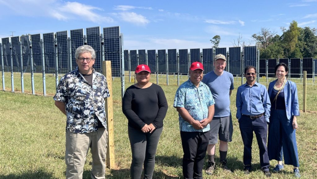 L-R: Dr. Jim Simon, Secretary Elina Akinaga, Secretary Andrew Yatilman, Dr. AJ Both, Dr. Ramu Govindasamy and Dena Seidel at the Rutgers agrivoltaics research farm in New Brunswick.