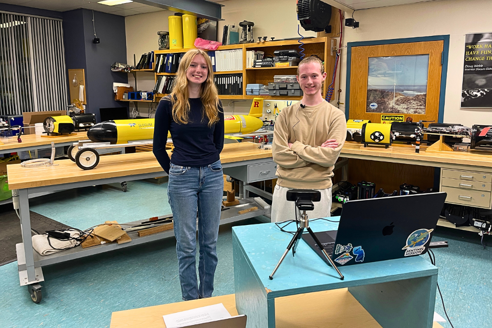 DMCS undergraduates Helena Messihi and Aiden Blanos took the FIRST LEGO League teams on a virtual tour of the department’s underwater glider lab, explaining the engineering and science behind piloting these machines effectively.