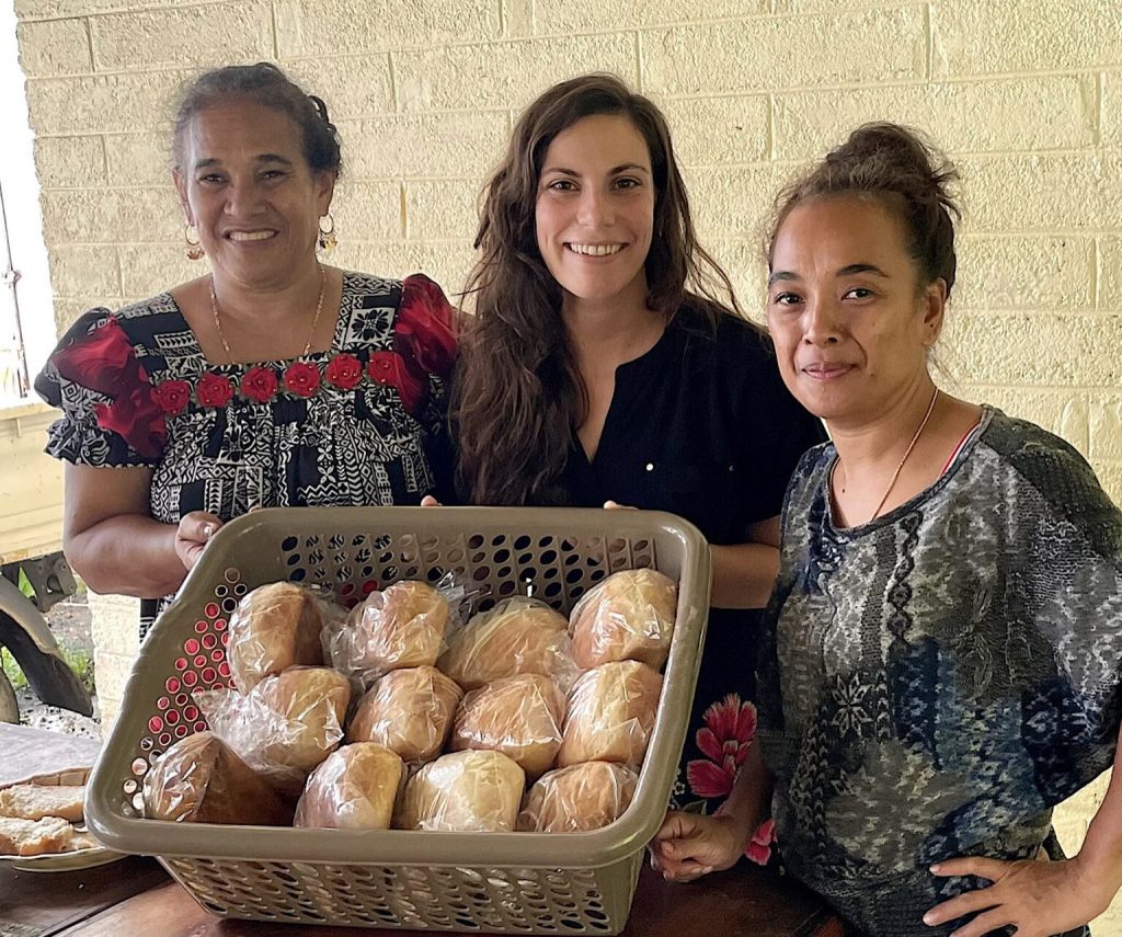 In 2023, Rutgers graduate student Lara Brindisi (center) is pictured in Pohnpei with Emihner Johnson (left) of the Island Food Community and a colleague.