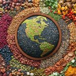 A variety of colorful fruits, vegetables, nuts, and legumes arranged in a circular pattern and creating the shape of the planet earth in the center