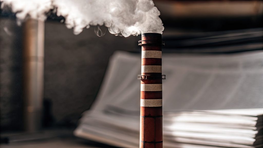 Industrial chimney releasing carbon dioxide emissions with paperwork about environmental regulations, pollution control and climate change policy in the background.