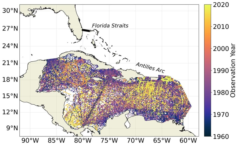 Map/graph of data points related to temperature and salinity in the Antilles Archipelago area