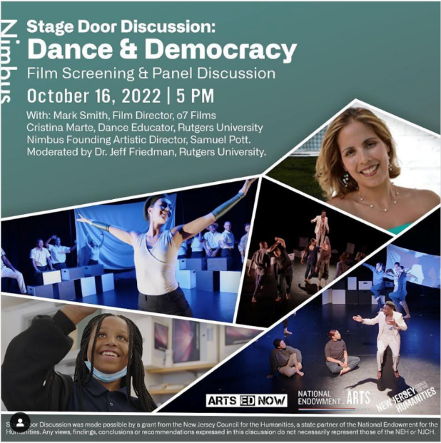 An instagram post flyer promoting the "Dance and Democracy" Program's Film Screening & Panel Discussion with photos of dancers and a picture of Cristina Marte near the top right. 
