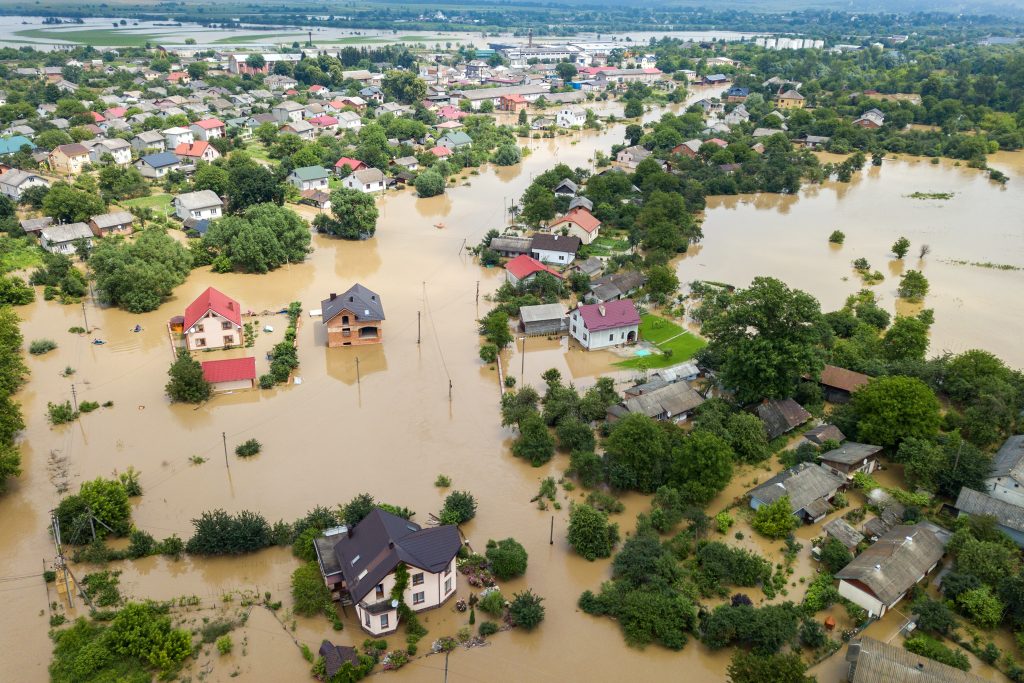 Aerial view of flooded houses with dirty water of Dnister river in Halych town, western Ukraine.
