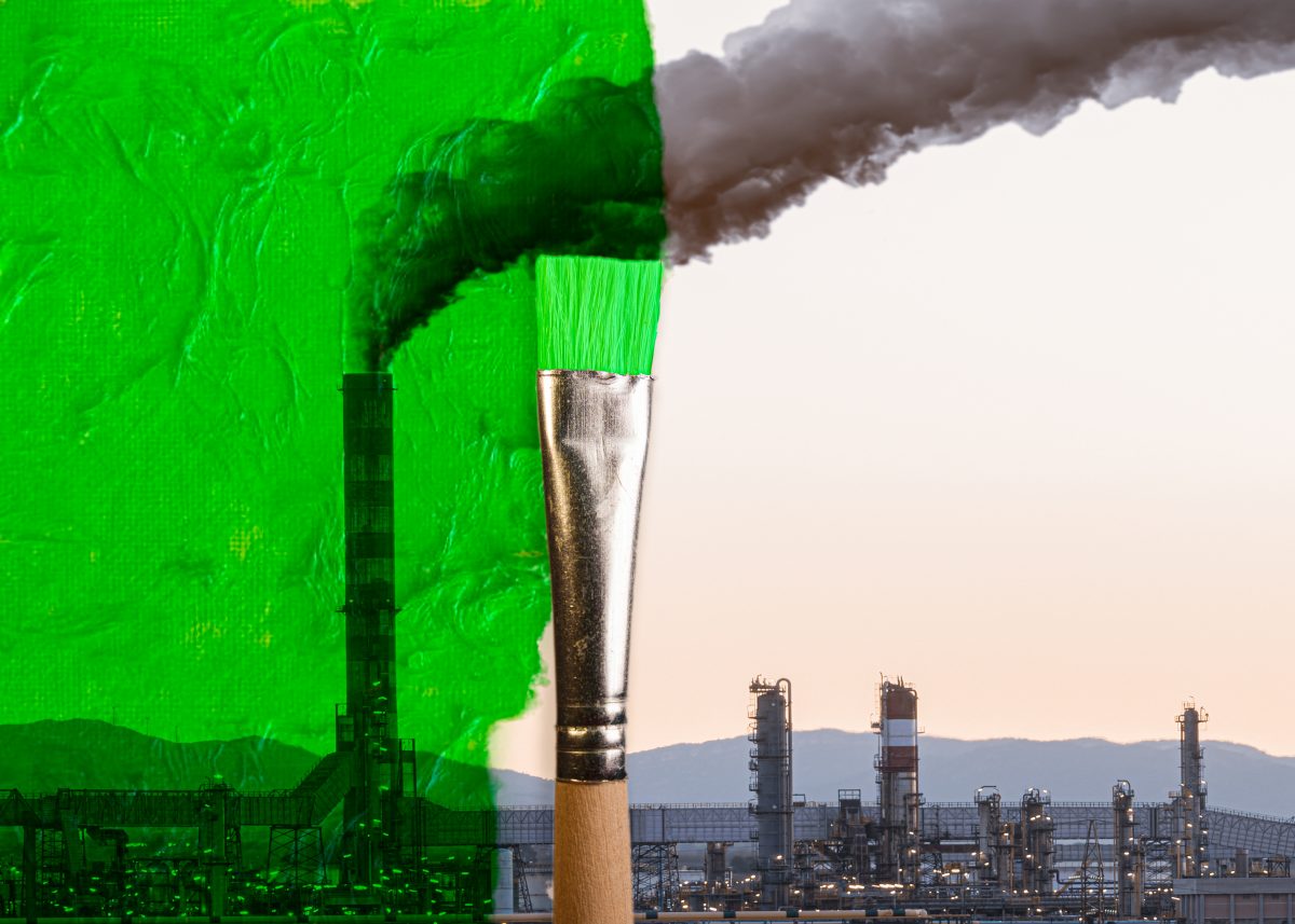 brush painting with green texture a polluting industry with a smoke coming out of a chimney. Greenwashing malpractice concept