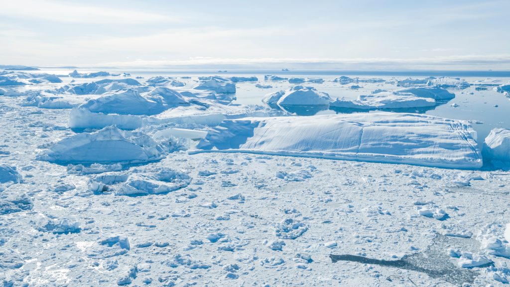 Scenery of large white ice sheets upon the water in Greenland on a sunny day