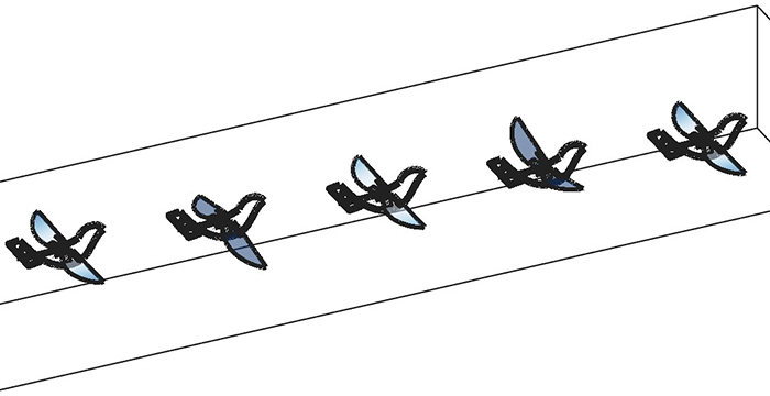 Generated diagram of 5 bird-like ornithopters depicted in space
