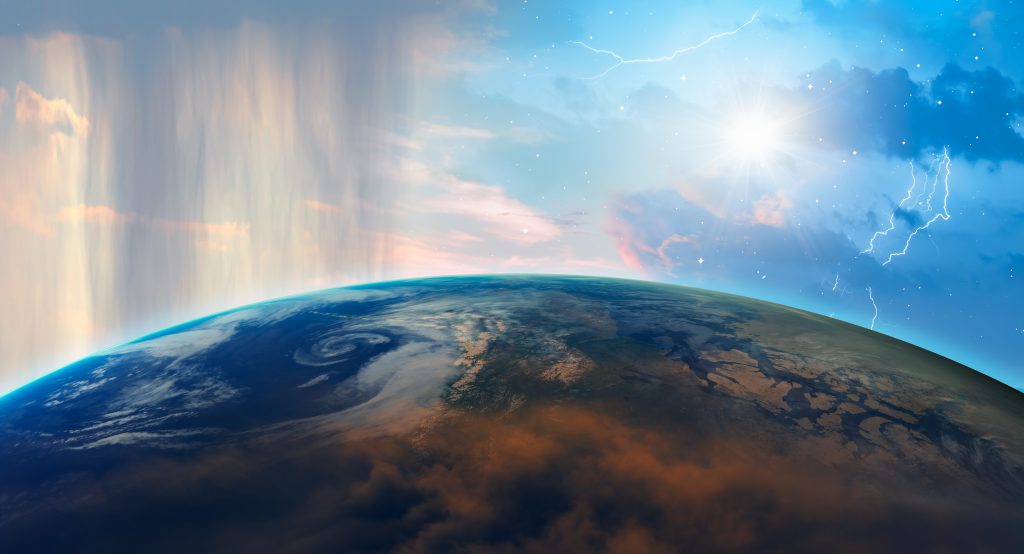 View of the earth from outer space with clouds, rain, lightning, sun, and various weather phenomena in a collage right above the planet