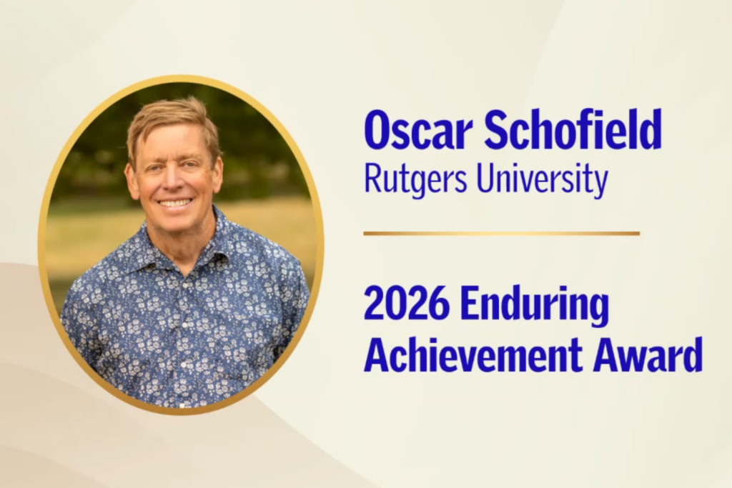 Graphic displaying Oscar Schofield's headshot and the words "Oscar Schofield, Rutgers University, 2026 Enduring Achievement Award"