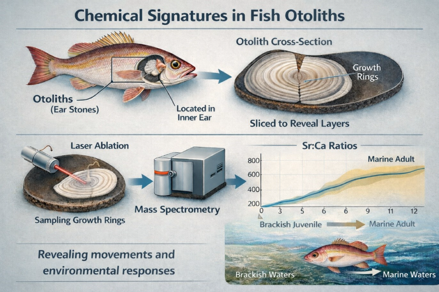 Visual diagram of how scientists can use mass spectrometry on fish ear stones to reveal fish movement. It is a flow chart depicting a photo of a fish with an x ray of its ear stone, leading to a close up of an ear stone cross section, leading to visuals of lab equipment used on the ear stone. Arrows from that lead to a graph of fish movement.