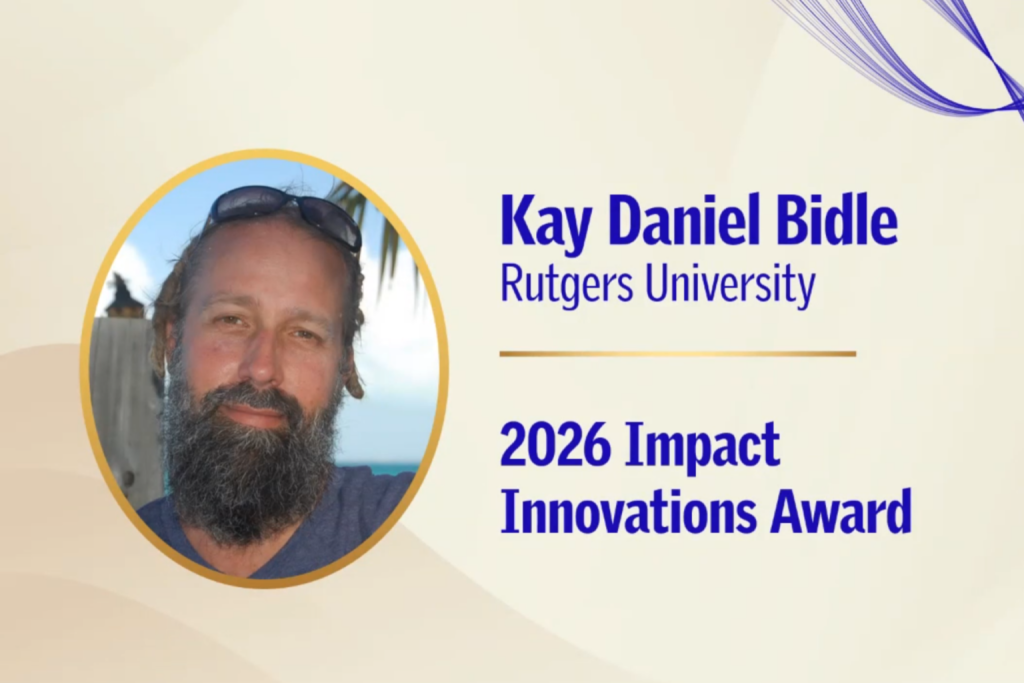 Graphic displaying Kay Bidle's headshot and the words "Oscar Schofield, Rutgers University, 2026 Impact Innovations Award"