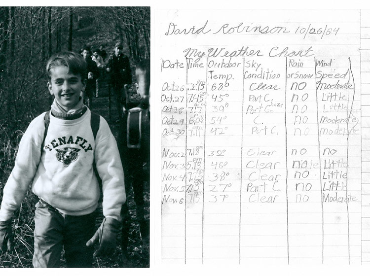 An old black-and-white photo of young David Robinson on the left, with a faded page of notes on the right. On the page is a hand-drawn table titled "My Weather Chart" and it describes the weather conditions for each day.