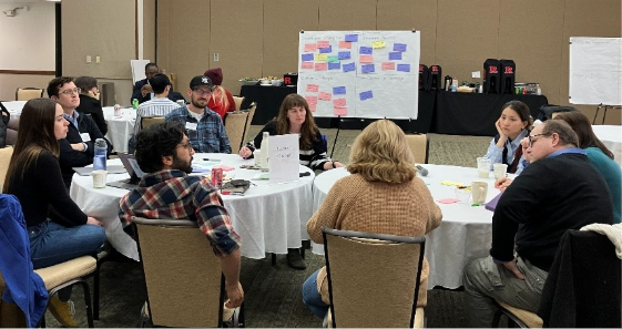 Groups of participants sit around circular tables holding a discussion. In the background is a whiteboard with many post it notes stuck all over.