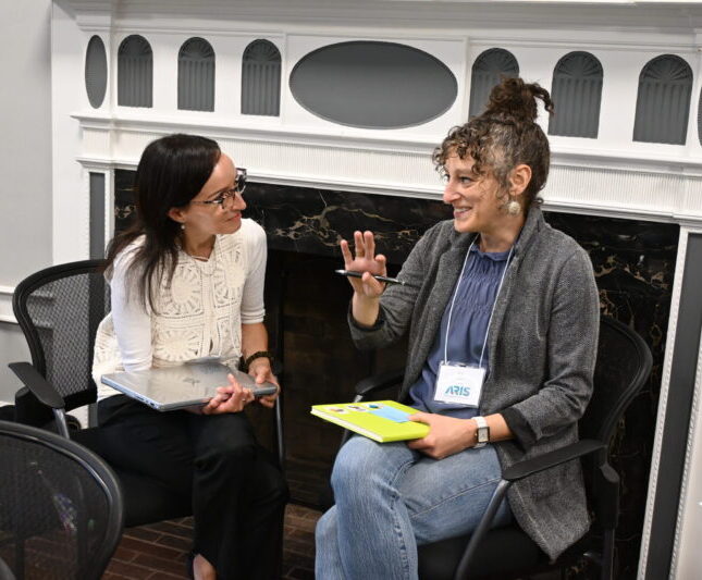 The two fellows sit happily engaged in discussion in front of a fireplace