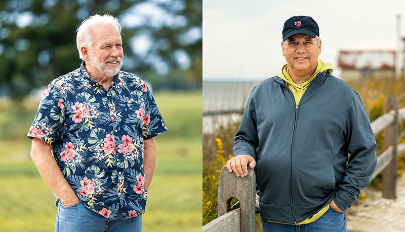 Two photos side by side, one of Peter Oudemans and one of David Bushek. Both stand outdoors and smile for the photo.